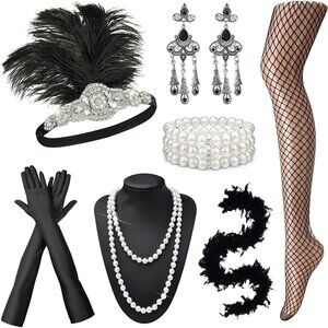 1920s Flapper Accessories Set Womens Costume Headband Gloves Pearl
